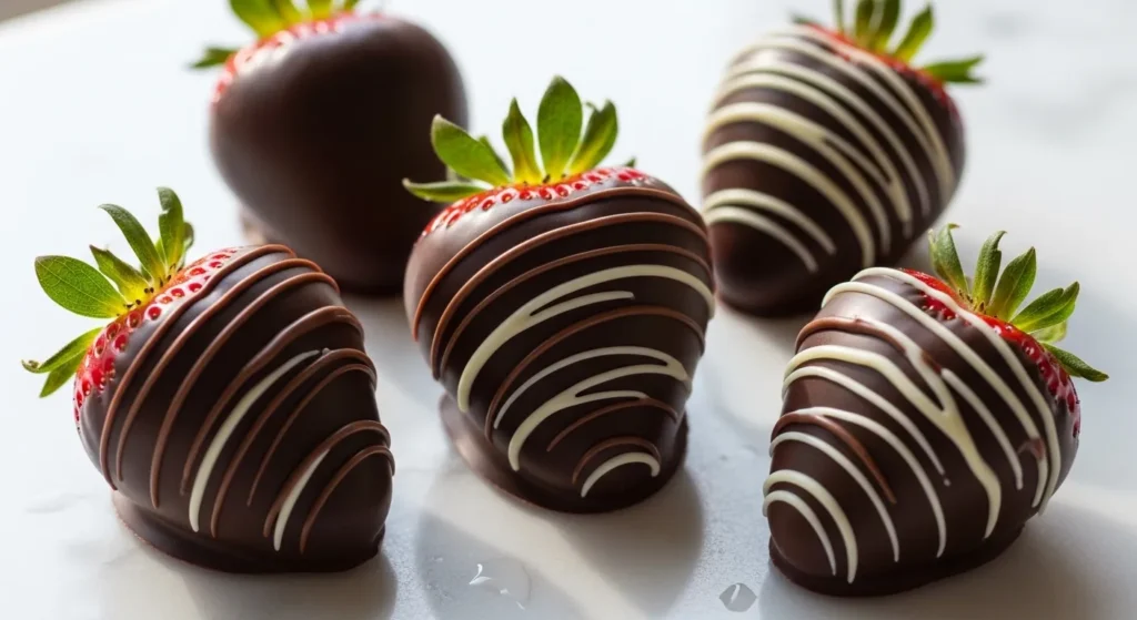 Dark chocolate dipped strawberries on marble surface.