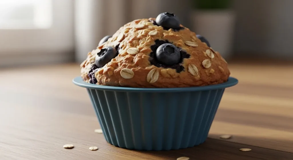 Blueberry oat muffin with fresh blueberries on top.