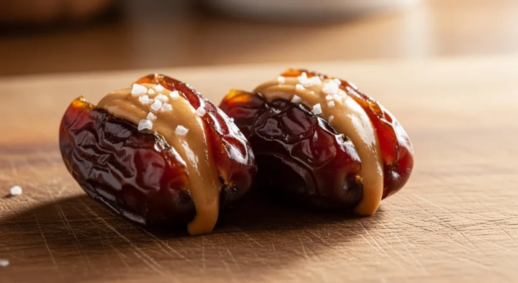 Peanut butter stuffed dates on wooden board.