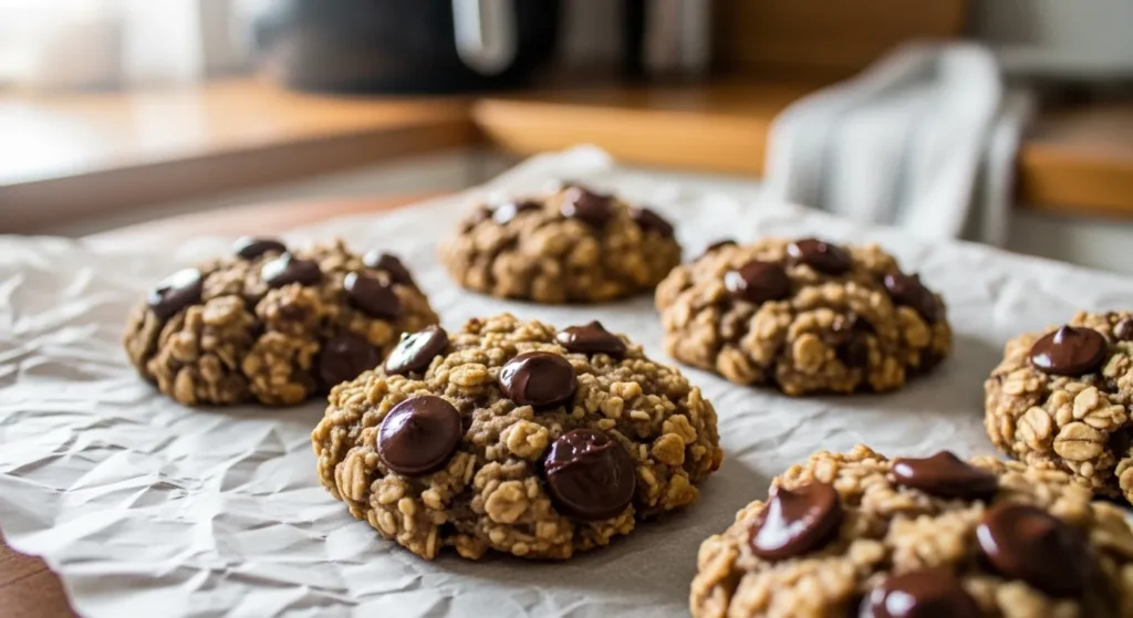 Banana oat cookies with chocolate chips on parchment paper.