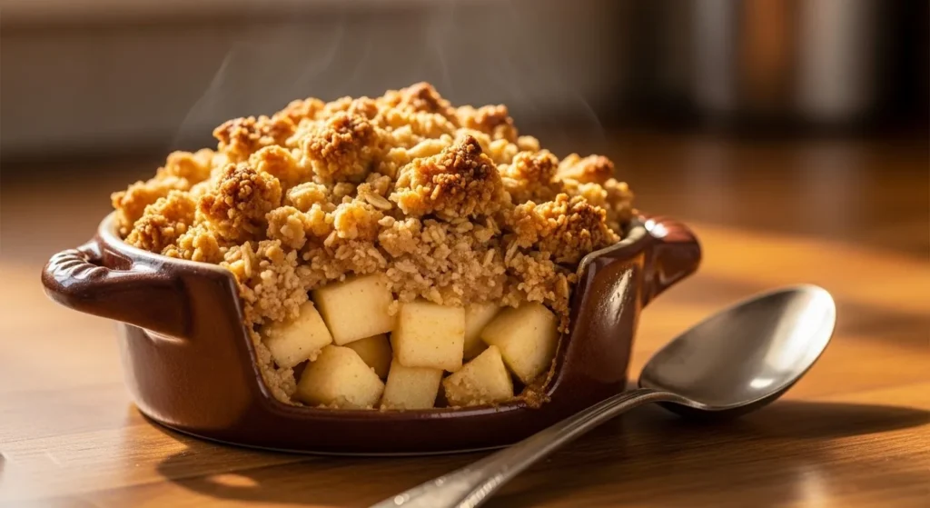 Apple oat crumble cup with golden crunchy topping in ramekin.