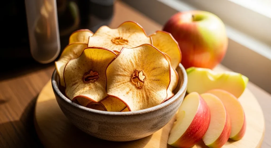 Crispy cinnamon apple chips in bowl on warm kitchen counter.