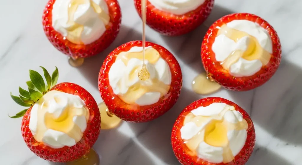 Strawberries stuffed with yogurt and honey drizzle.