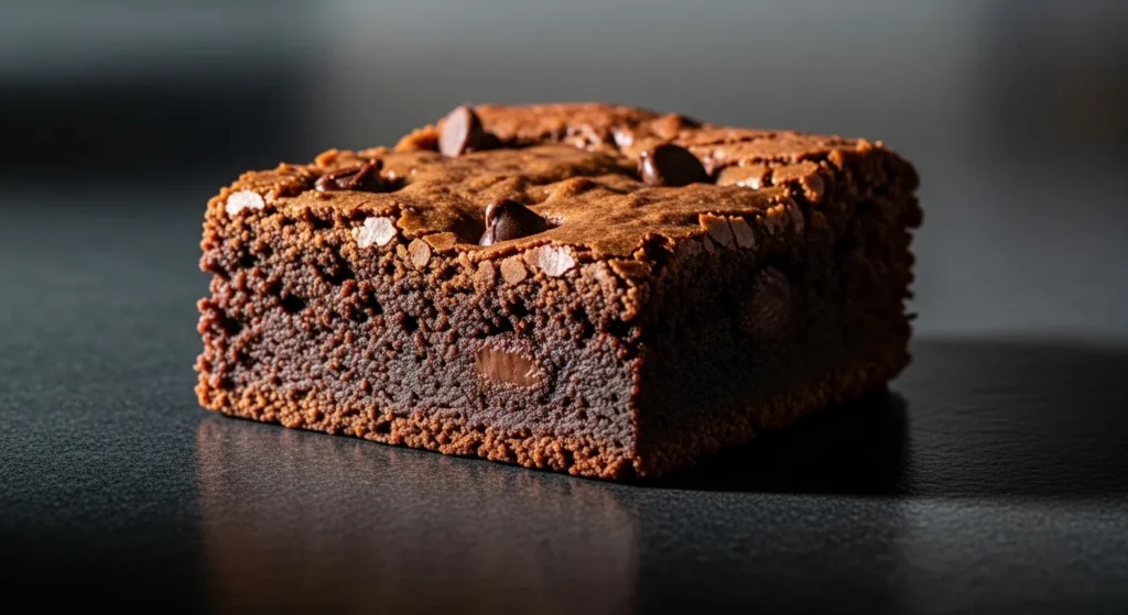Protein brownie square with dense fudgy texture.