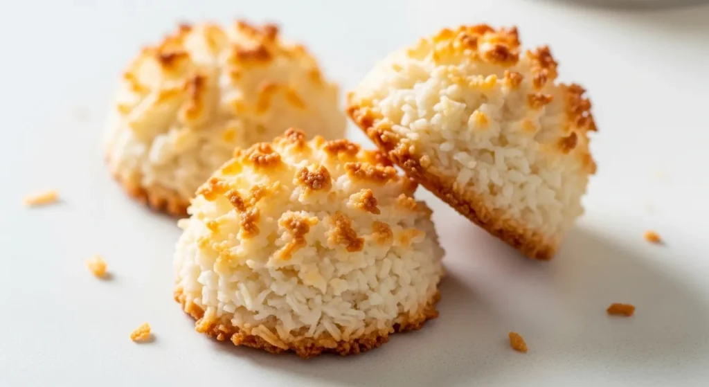 Golden coconut macaroons on white surface.