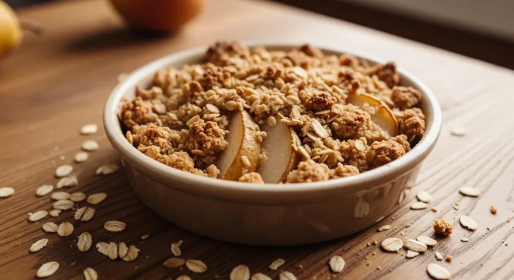 Pear crisp with golden oat topping in ramekin.