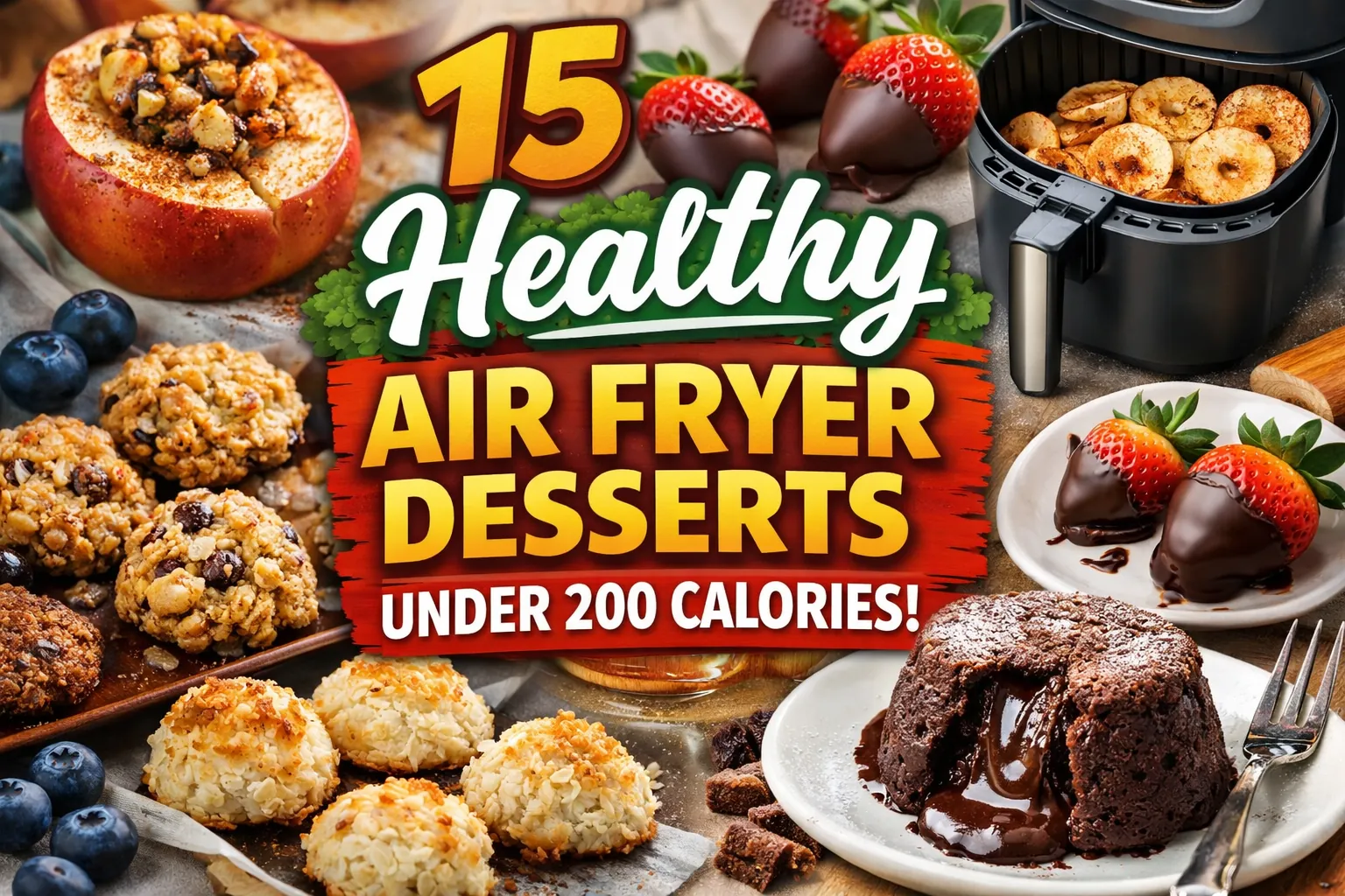 A banner image of 15 Healthy Air Fryer Desserts Under 200 Calories.