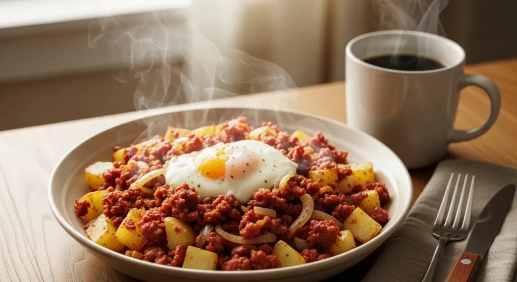 Air fryer corned beef hash with crispy potatoes and egg on a cozy winter morning.