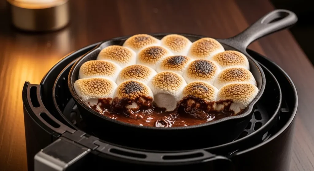 Luxury air fryer s’mores dip with toasted marshmallows and melted chocolate.
