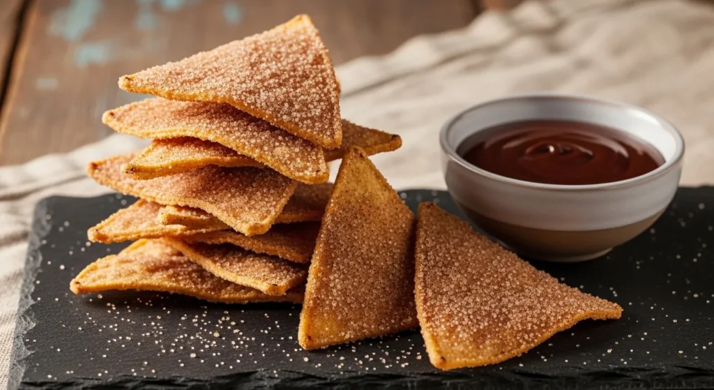 Cinnamon sugar tortilla chips with chocolate dip in elegant presentation.