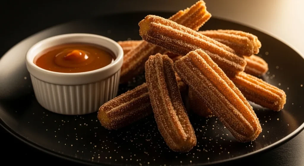 Crispy churro chips with cinnamon sugar and caramel dip.