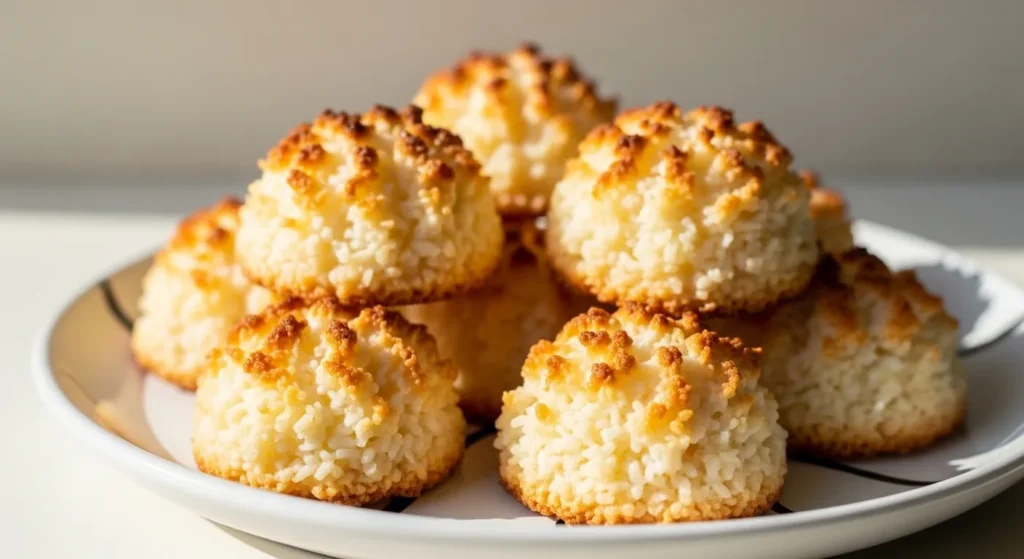 Golden coconut macaroons with toasted tops in elegant presentation.