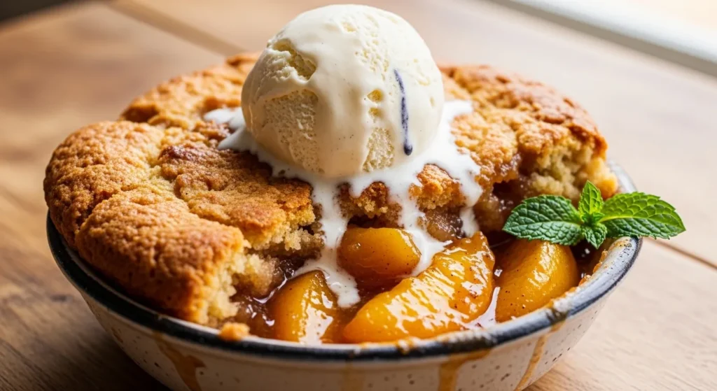 Freshly baked peach cobbler with golden brown crust and bubbling peach filling in a white baking dish.
