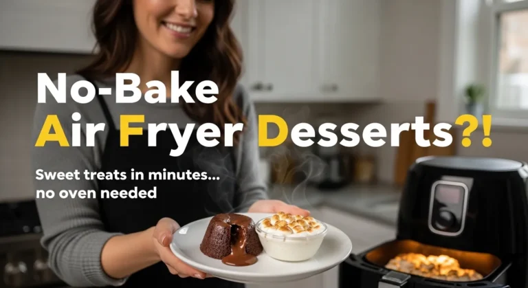 Woman holding freshly made air fryer desserts in a bright kitchen with bold text “No-Bake Air Fryer Desserts?!” on image.