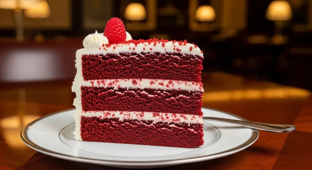 Moist eggless red velvet cake baked in the air fryer with cream cheese frosting on top.