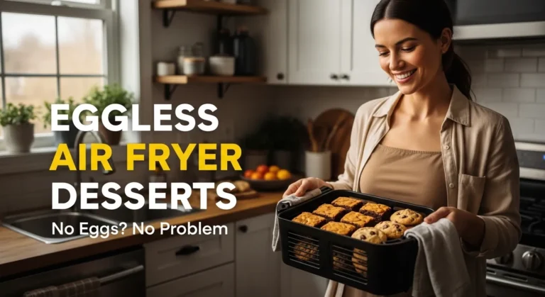 Woman holding air fryer basket with eggless brownies and bold title text “Eggless Air Fryer Desserts”.
