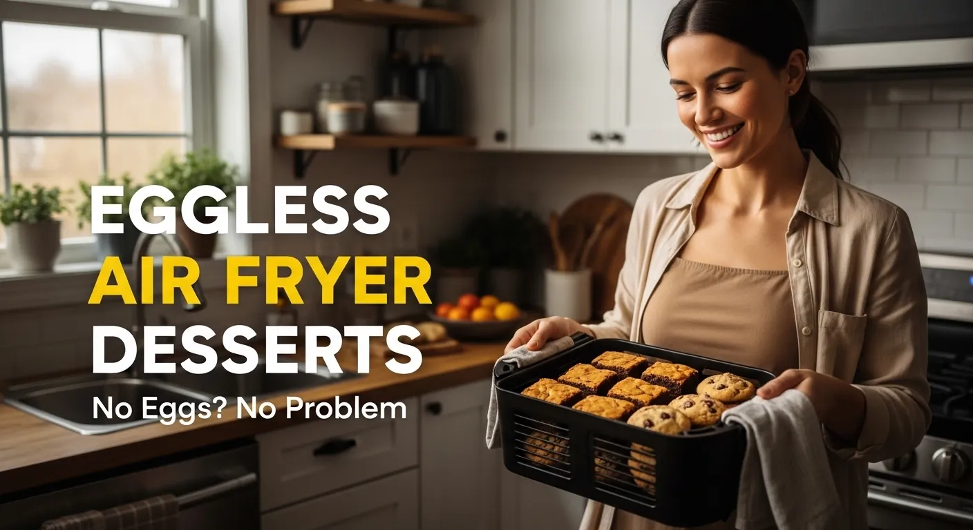 Woman holding air fryer basket with eggless brownies and bold title text “Eggless Air Fryer Desserts”.