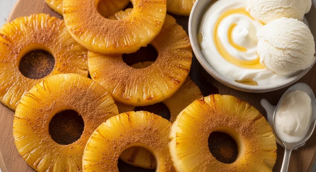 Golden caramel rings cooked in the air fryer with glossy caramel glaze on top.