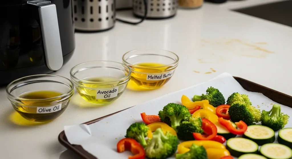 Olive oil, avocado oil, and butter prepared for cooking winter vegetables in an air fryer.