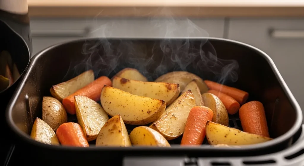 Thick winter vegetables roasting inside an air fryer basket with steam visible.