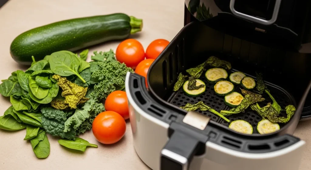 Winter vegetables that do not cook well in an air fryer, shown next to an air fryer basket.