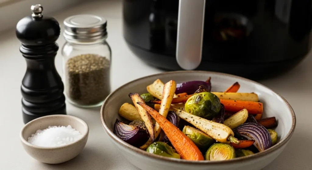 Lightly seasoned winter vegetables after air frying with simple spices on the counter.