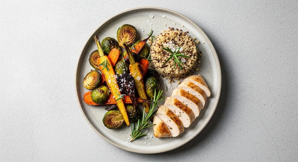 Air fryer vegetables served with grains and protein as a complete winter meal.