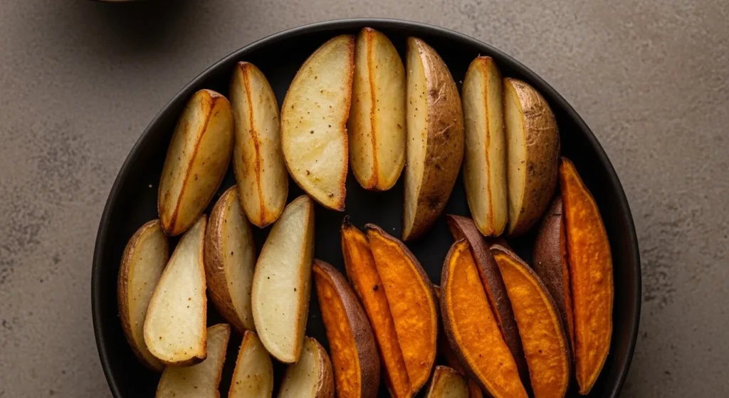 Roasted potatoes served next to an air fryer on a kitchen counter.