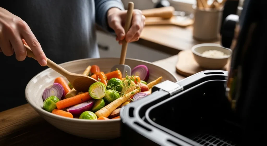 Winter vegetables being coated with oil before air frying.