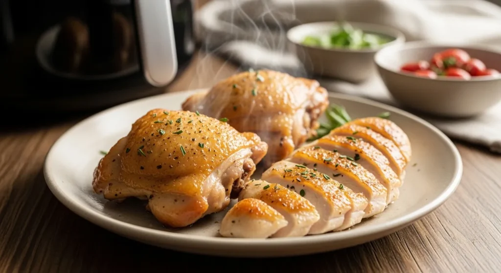 Healthy air fryer chicken with herbs, crispy edges, and cozy comfort food presentation