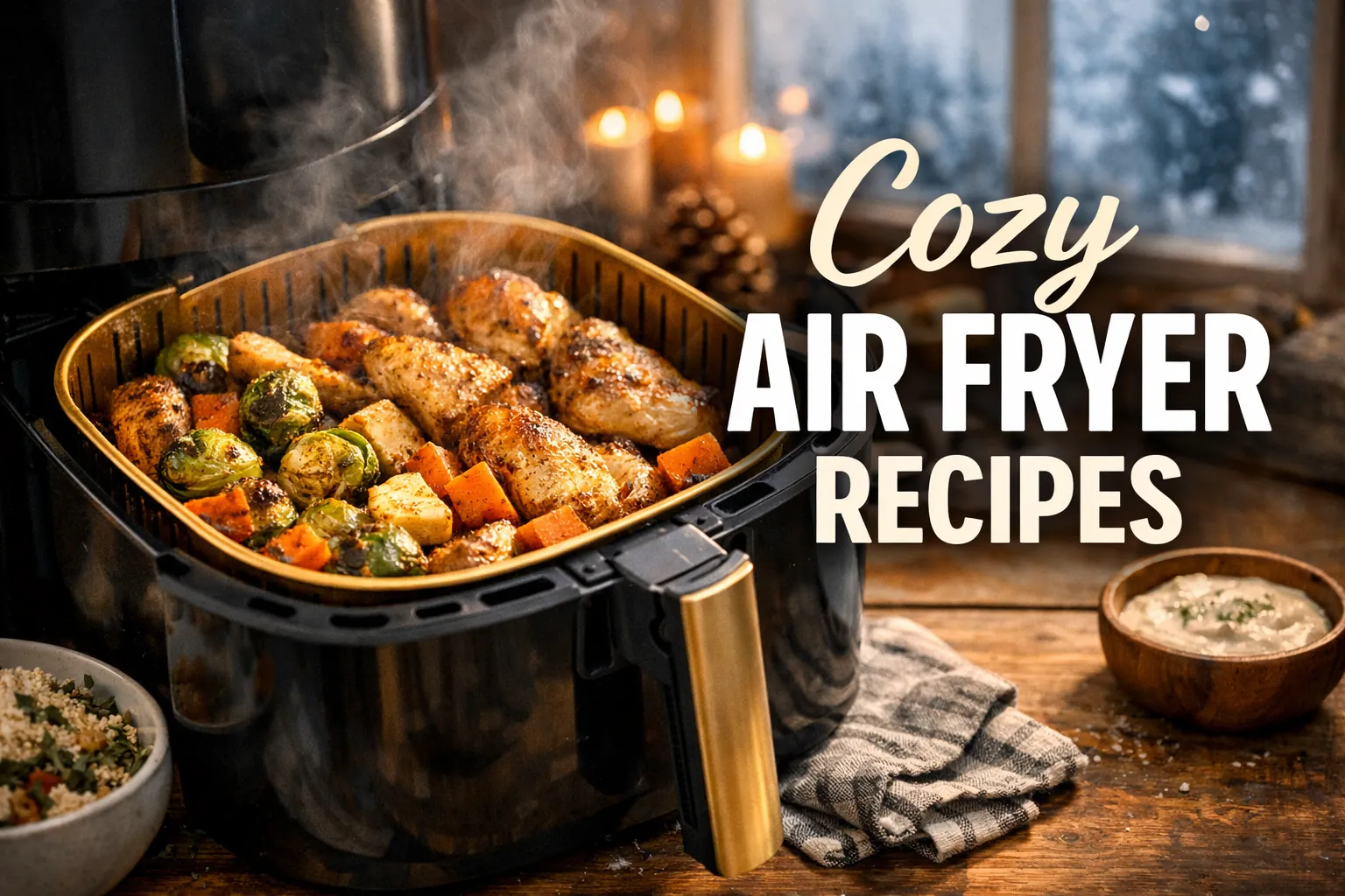 Healthy cozy winter air fryer meal with roasted vegetables and protein in a warm kitchen setting.