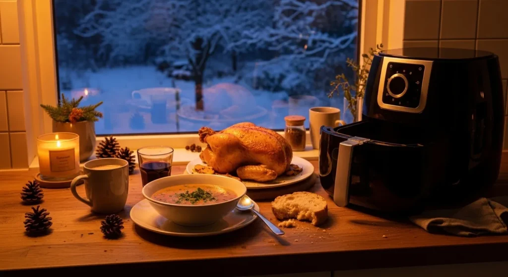 A one-basket air fryer meal with protein and vegetables cooking together. Basket pulled halfway out with visible steam. Realistic kitchen counter, practical and cozy winter vibe.