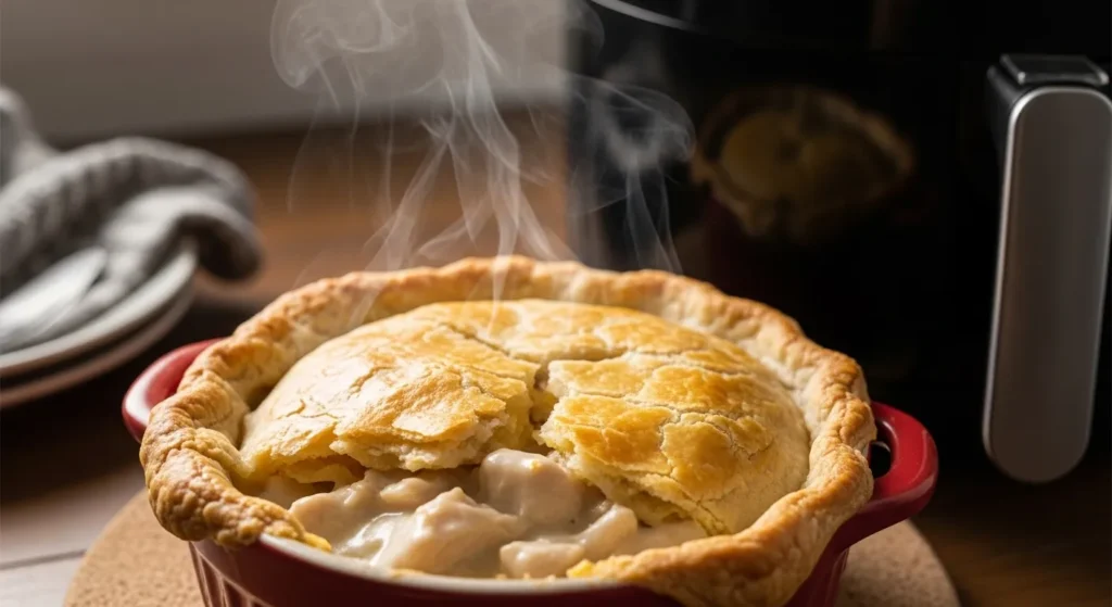 Creamy air fryer chicken pot pie filling served warm in a bowl during winter.