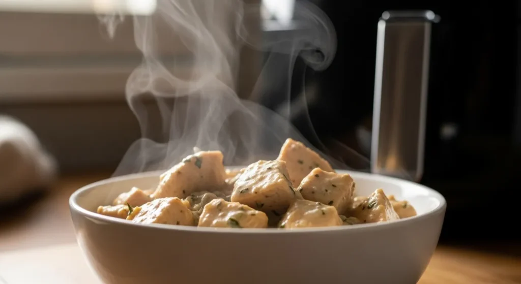 Healthy winter comfort food prepared in an air fryer during a cold evening.