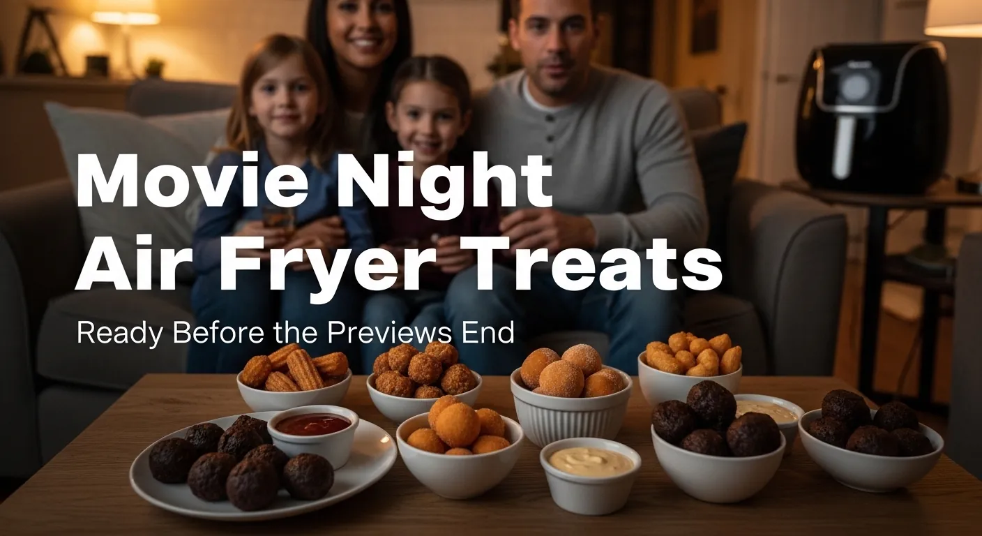 Family enjoying air fryer desserts during cozy movie night with bold title text overlay.