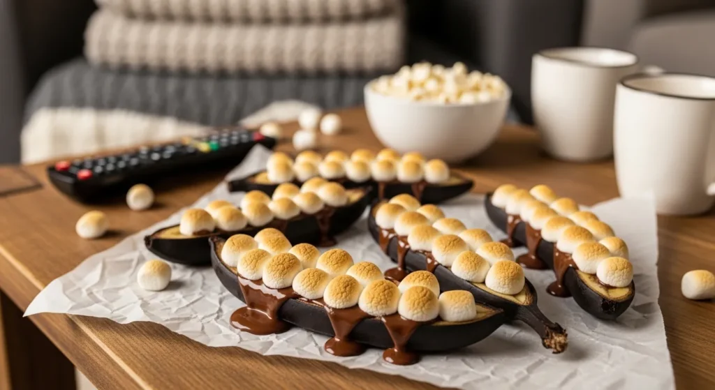 Air fryer banana boats with melted chocolate for family movie night.