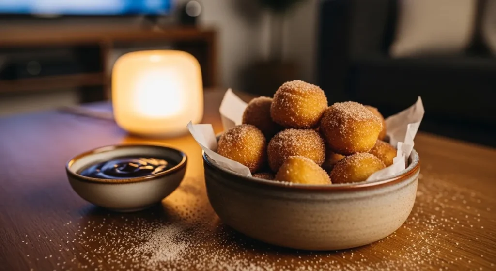 Golden cinnamon sugar air fryer churro bites in a bowl during cozy movie night.