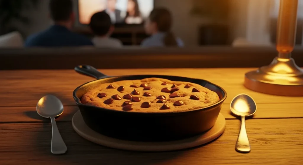 Air fryer chocolate chip cookie skillet served during family movie night.