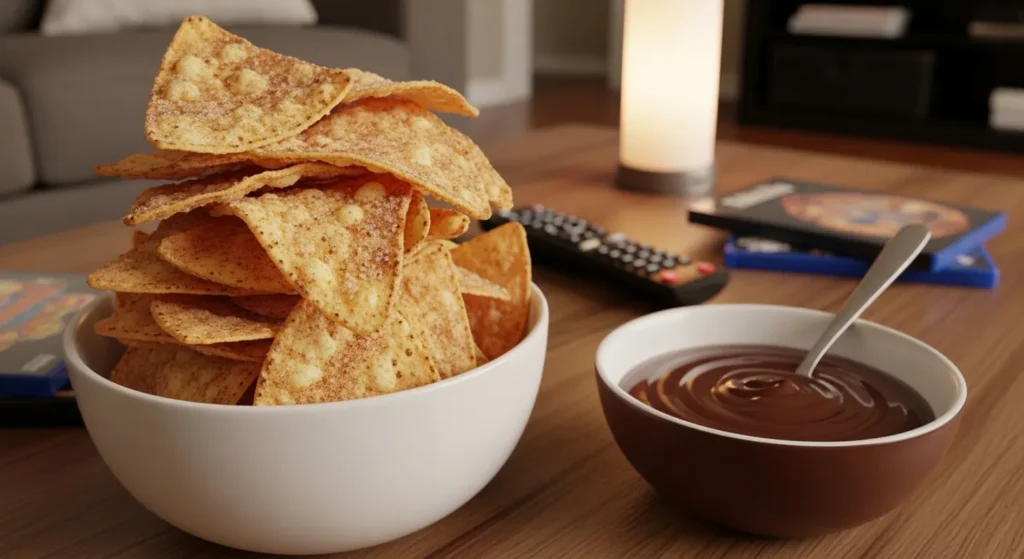 Air fryer cinnamon sugar tortilla chips with chocolate dip.