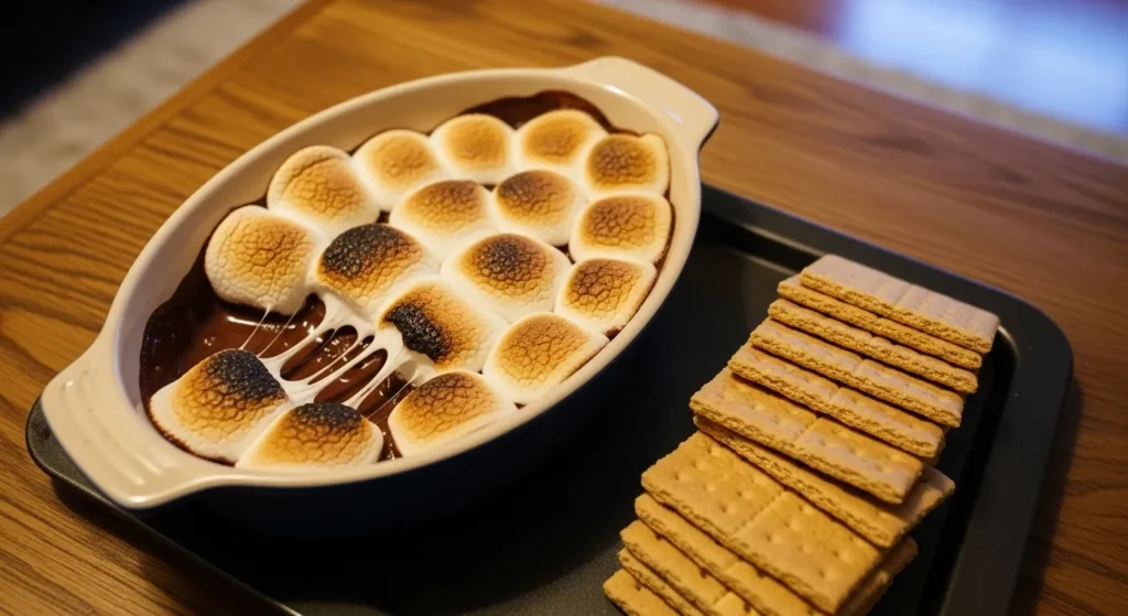 Air fryer s’mores dip with toasted marshmallows for movie night.