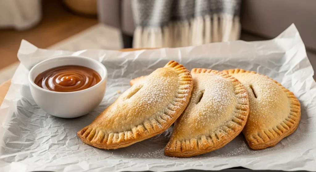 Flaky air fryer apple hand pies with caramel dip on movie night table.