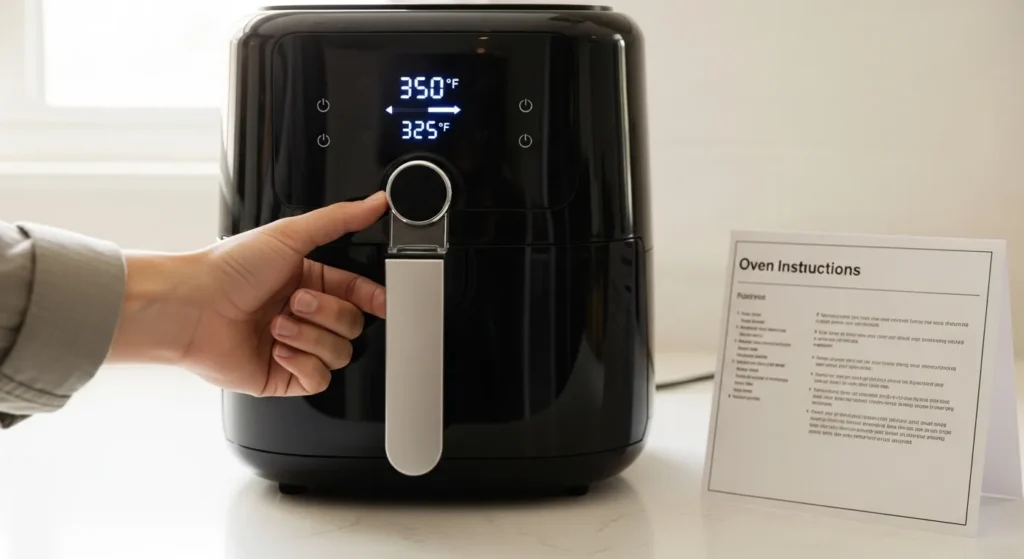 Person lowering air fryer temperature from 350°F to 325°F while converting oven dessert recipe.