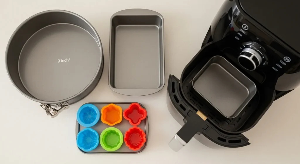 Large oven cake pan compared with smaller air fryer baking dish for dessert conversion.