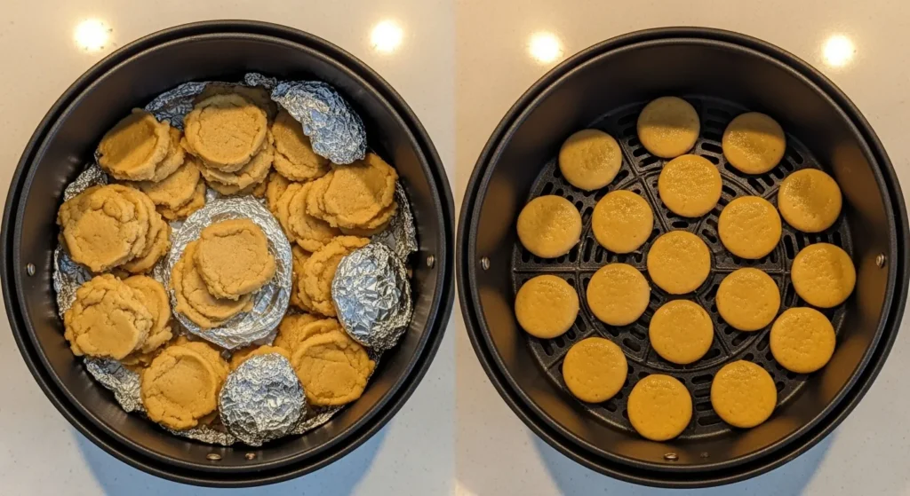 Properly spaced cookies in air fryer basket compared to overcrowded example.