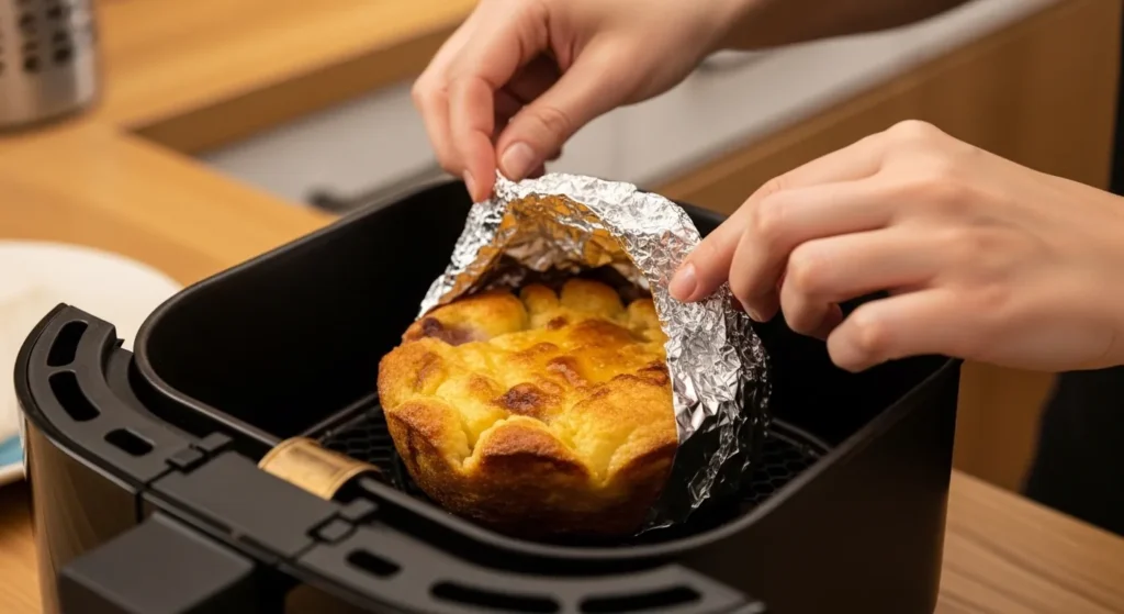 Foil tent placed over dessert in air fryer to prevent over-browning.