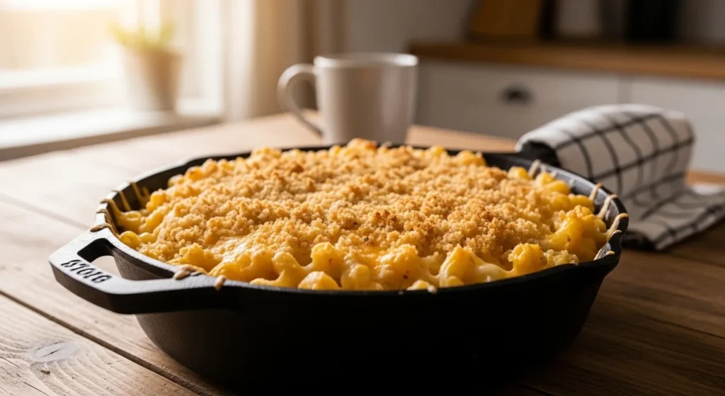 Skillet baked mac and cheese with a golden breadcrumb topping served as a cozy family dinner.