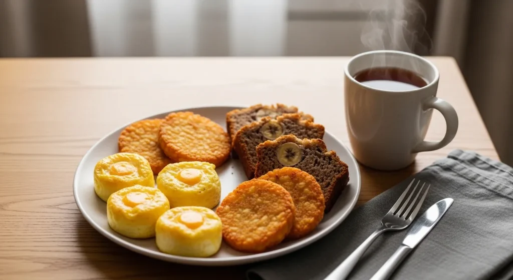 Warm air fryer breakfast foods on a wooden table with hot tea on a cozy winter morning.