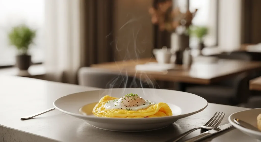 hotel-style soft scrambled eggs served in a ceramic bowl with warm morning light.