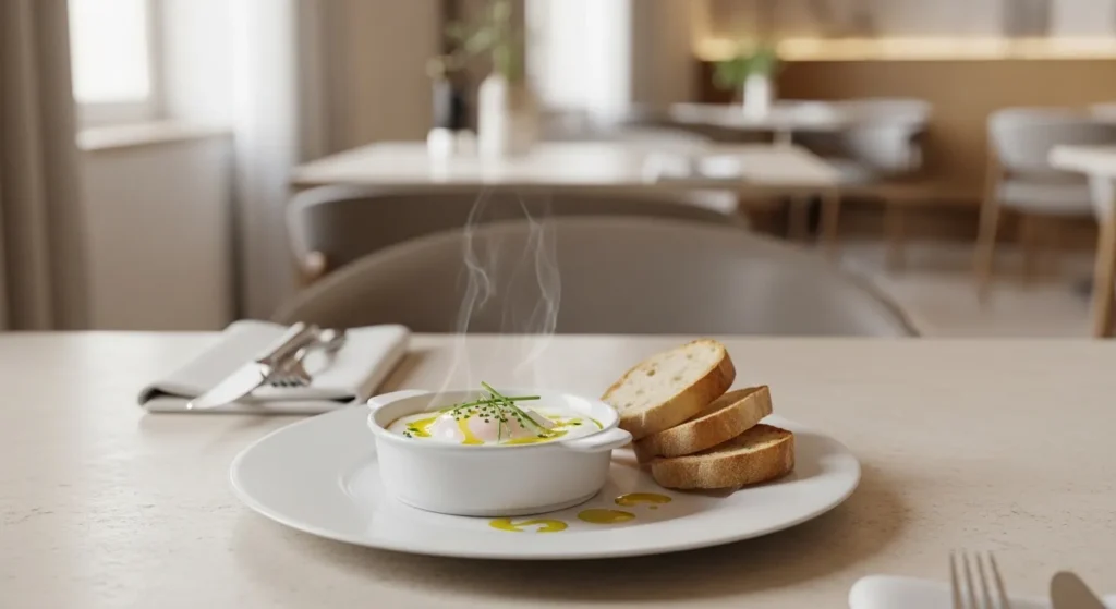 Minimalist Italian hotel breakfast with baked egg, olive oil, and toasted ciabatta.
