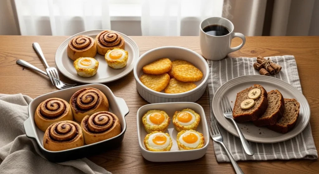 Warm air fryer breakfast foods on a table with coffee on a winter morning.